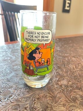 Peanuts Comic Glass with Lucy Camping Cartoon - Green & Orange